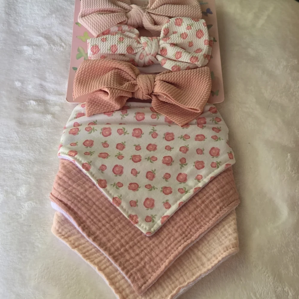 Baby Bow Headband Bandana Bib 6 Pack Gift Set Pink White Floral Ava Olivia NWT